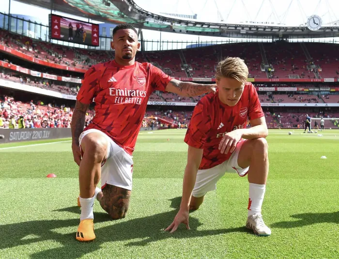 Framed Print : Arsenal FC: Gabriel Jesus and Martin Odegaard Warm Up Ahead of Arsenal v Wolverhampton Wanderers (2022-23) Framed Print : Arsenal FC: Gabriel Jesus and Martin Odegaard Warm Up Ahead of Arsenal v Wolverhampton Wanderers (2022-23)