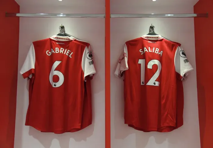 Framed Print : Arsenal FC: Gabriel and Saliba's Shirts in the Changing Room Ahead of Arsenal v Tottenham Premier League Clash (2022-23) Framed Print : Arsenal FC: Gabriel and Saliba's Shirts in the Changing Room Ahead of Arsenal v Tottenham Premier League Clash (2022-23)