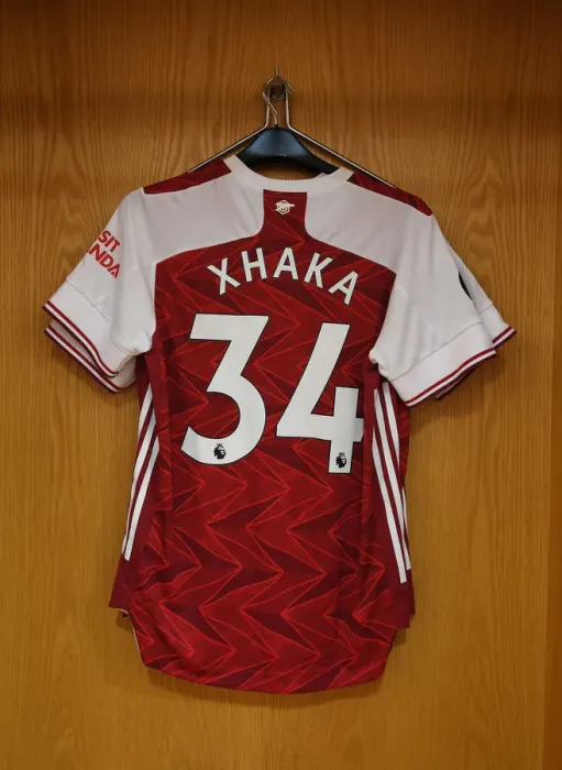 Framed Print : Arsenal FC: Granit Xhaka's Jersey Hangs in Emirates Stadium Changing Room Ahead of Arsenal v Watford Match (2019-20)