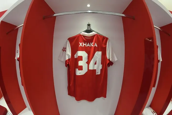 Framed Print : Arsenal FC: Granit Xhaka's Shirt in Arsenal Changing Room Before Arsenal vs Juventus (2022-23)