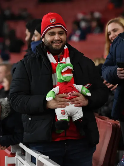 Framed Print : Arsenal FC: Gunnersaurus Statue Amidst Fan Excitement at Carabao Cup Quarterfinal, Emirates Stadium
