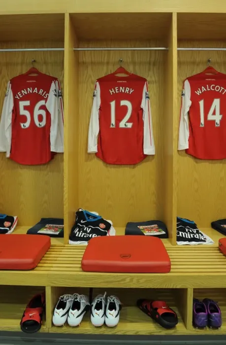 Framed Print : Arsenal FC: Henry, Walcott, and Yennaris in the Changing Room before Arsenal vs. Leeds United FA Cup Match, 2012