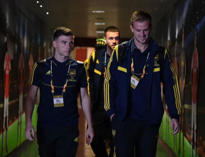 Framed Print : Arsenal FC: Kieran Tierney and Rob Holding Pre-Match Huddle vs Standard Liege, UEFA Europa League 2019-20