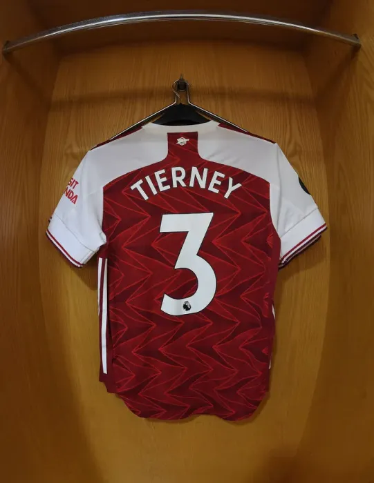 Framed Print : Arsenal FC: Kieran Tierney's Jersey Hangs in Emirates Stadium Changing Room Ahead of Arsenal v Watford Match (2019-20)
