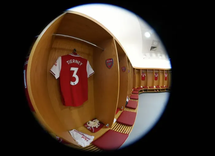 Framed Print : Arsenal FC: Kieran Tierney's Shirt in Arsenal Changing Room Before Arsenal v AFC Bournemouth (2019-20)