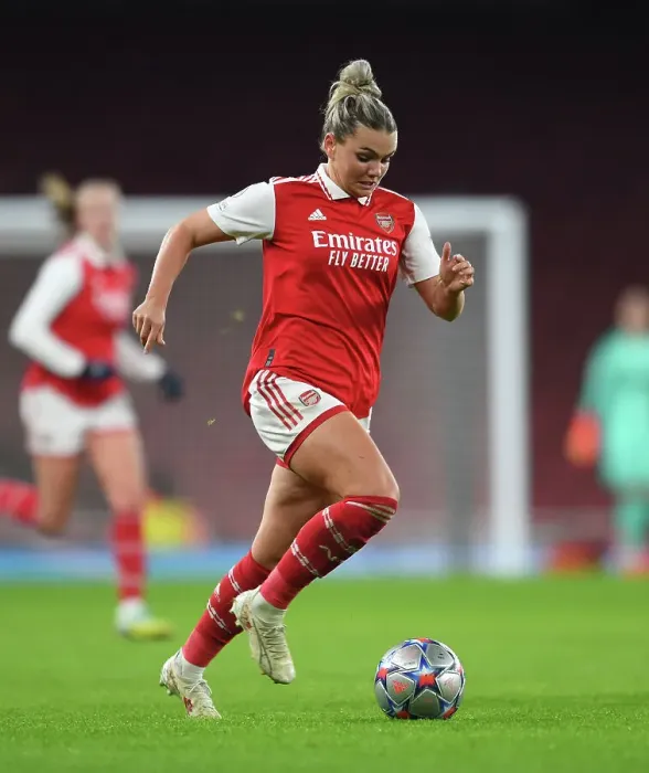 Framed Print : Arsenal FC: Kim Little's Unwavering Focus and Determination Before the UEFA Women's Champions League Match against Olympique Lyonnais (2022-23)