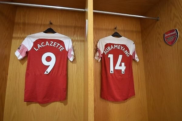 Arsenal FC: Lacazette and Aubameyang's Shirts in the Home Changing Room Before Arsenal v Chelsea, Premier League 2018-19