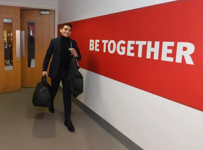 Framed Print : Arsenal FC: Lucas Torreira's Arrival at Emirates Stadium before Arsenal v Cardiff City (2018-19)