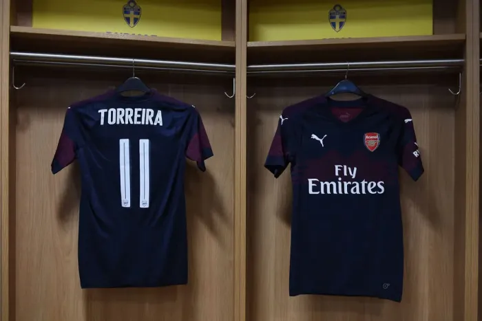 Framed Print : Arsenal FC: Lucas Torreira's Jersey Hangs in Changing Room Before Arsenal v SS Lazio Pre-Season Friendly, Stockholm 2018