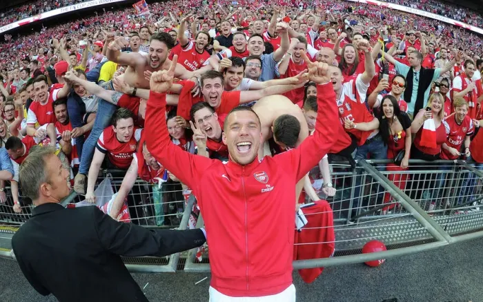Framed Print : Arsenal FC: Lukas Podolski and Fans Celebrate FA Cup Victory at Wembley Stadium