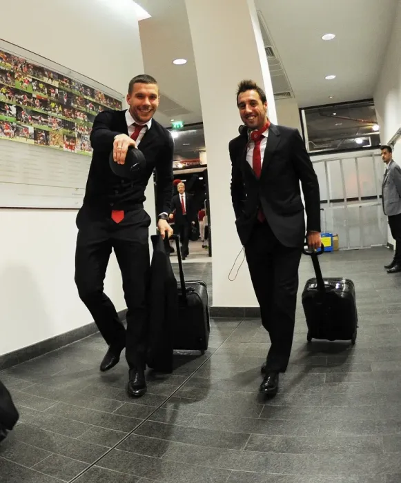 Framed Print : Arsenal FC: Lukas Podolski and Santi Cazorla Prepare for FA Cup Clash Against Liverpool