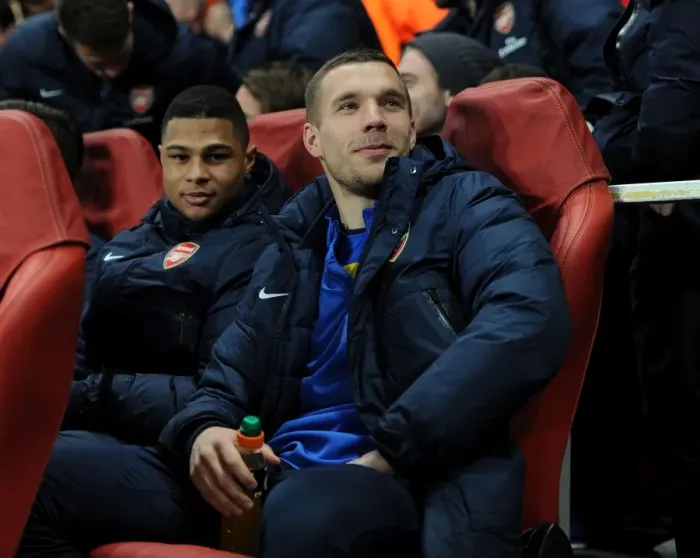 Framed Print : Arsenal FC: Lukas Podolski and Serge Gnabry before the Arsenal v FC Bayern Munchen UEFA Champions League Clash