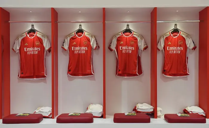 Framed Print : Arsenal FC: Match Shirts in Emirates Stadium Changing Room (Arsenal v Fulham, 2023-24)