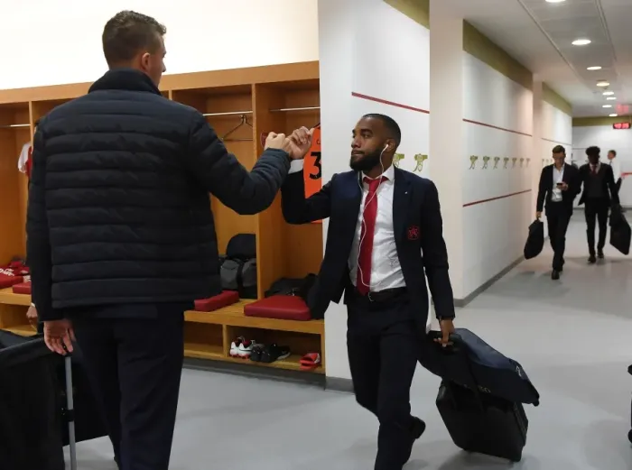 Framed Print : Arsenal FC: Matt Macey and Alex Lacazette in the Home Changing Room - Arsenal v West Bromwich Albion, Premier League (2017-18)