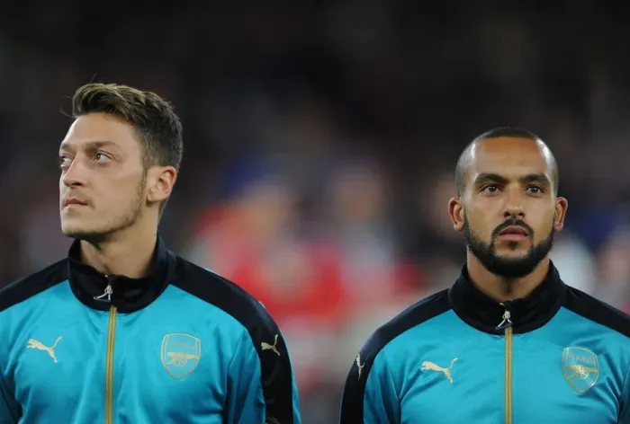 Framed Print : Arsenal FC: Mesut Ozil and Theo Walcott Pre-Match Huddle vs Olympiacos FC, 2015 / 16 UEFA Champions League