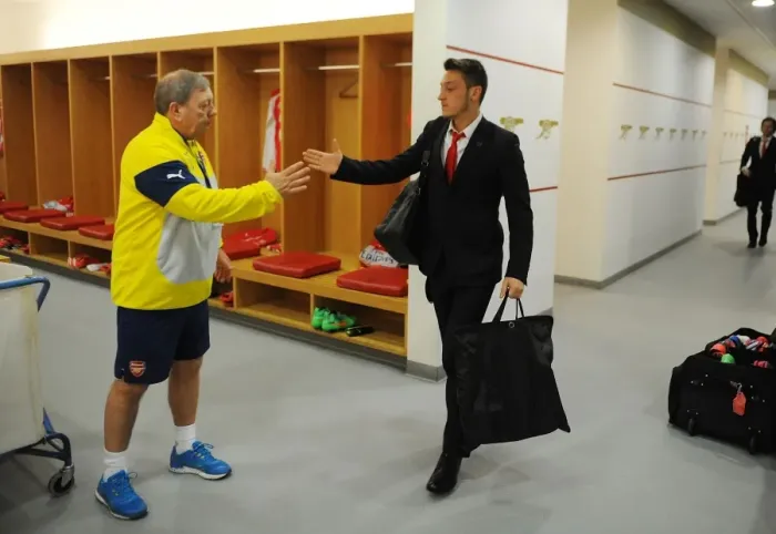 Framed Print : Arsenal FC: Mesut Ozil and Vic Akers in the Home Changing Room before FA Cup Match vs Middlesbrough