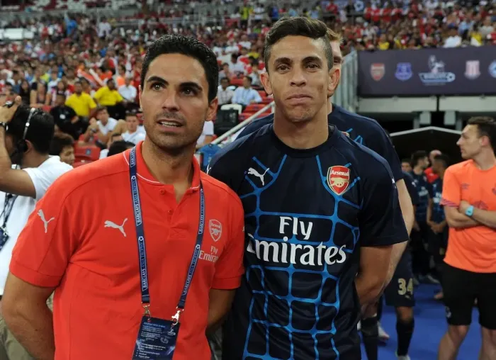 Framed Print : Arsenal FC: Mikel Arteta and Gabriel Ready for Arsenal v Singapore XI at 2015 Barclays Asia Trophy