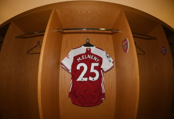 Framed Print : Arsenal FC: Mo Elneny's Gear Up: Arsenal Changing Room Before Arsenal vs Burnley (2020-21)