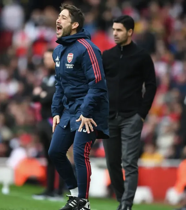 Framed Print : Arsenal FC: Nico Jover Coaches at Emirates Stadium during Arsenal vs Crystal Palace, Premier League 2022-23