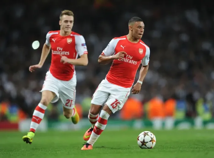 Framed Print : Arsenal FC: Oxlade-Chamberlain and Chambers in Action during the 2014 UEFA Champions League Qualifier Framed Print : Arsenal FC: Oxlade-Chamberlain and Chambers in Action during the 2014 UEFA Champions League Qualifier
