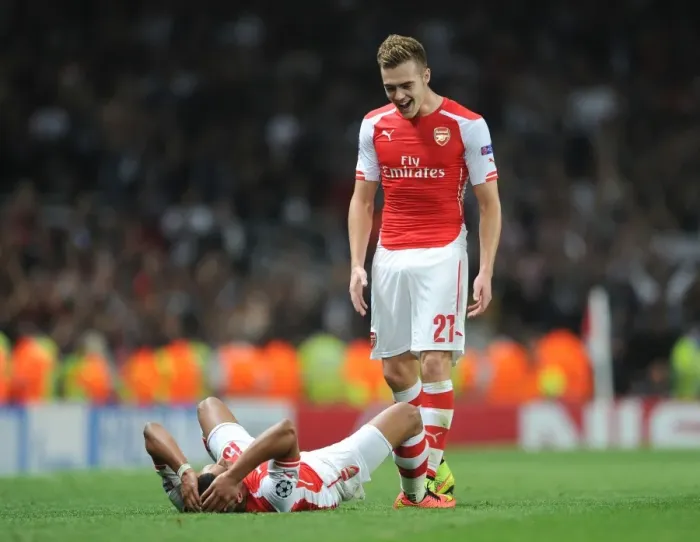Framed Print : Arsenal FC: Oxlade-Chamberlain and Chambers Celebrate after Arsenal's Win against Besiktas in the UEFA Champions League Qualifiers (2014) Framed Print : Arsenal FC: Oxlade-Chamberlain and Chambers Celebrate after Arsenal's Win against Besiktas in the UEFA Champions League Qualifiers (2014)