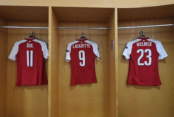 Arsenal FC: Ozil, Lacazette, and Welbeck's Empty Jerseys in the Home Changing Room Ahead of Atletico Madrid Clash (UEFA Europa League Semi-Final Leg One)