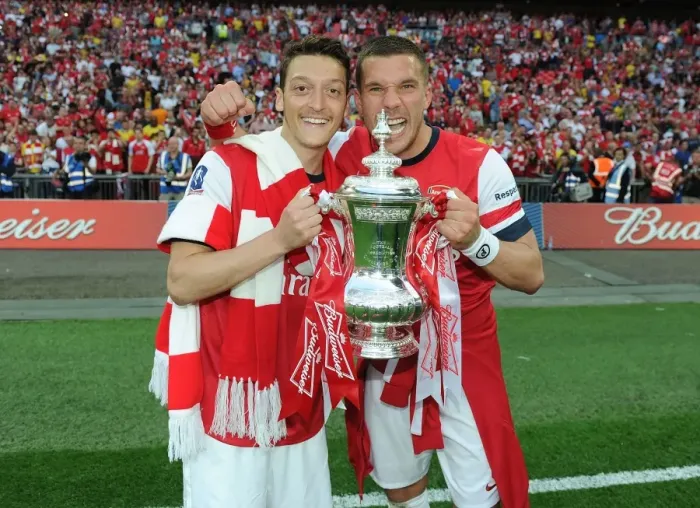 Framed Print : Arsenal FC: Ozil and Podolski Celebrate FA Cup Victory Framed Print : Arsenal FC: Ozil and Podolski Celebrate FA Cup Victory