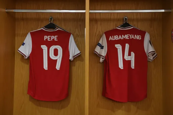 Framed Print : Arsenal FC: Pepe and Aubameyang's Shirts in the Changing Room - Arsenal v Standard Liege, UEFA Europa League (2019-20) Framed Print : Arsenal FC: Pepe and Aubameyang's Shirts in the Changing Room - Arsenal v Standard Liege, UEFA Europa League (2019-20)
