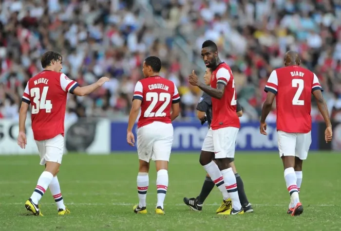Framed Print : Arsenal FC Players: Ignasi Miquel, Francis Coquelin, Johan Djourou, and Abou Diaby during Kitchee FC Match (2012) Framed Print : Arsenal FC Players: Ignasi Miquel, Francis Coquelin, Johan Djourou, and Abou Diaby during Kitchee FC Match (2012)
