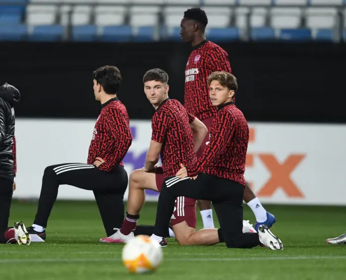 Framed Print : Arsenal FC Players Kieran Tierney and Ben Cottrell Warm Up Ahead of Molde FK Clash in UEFA Europa League