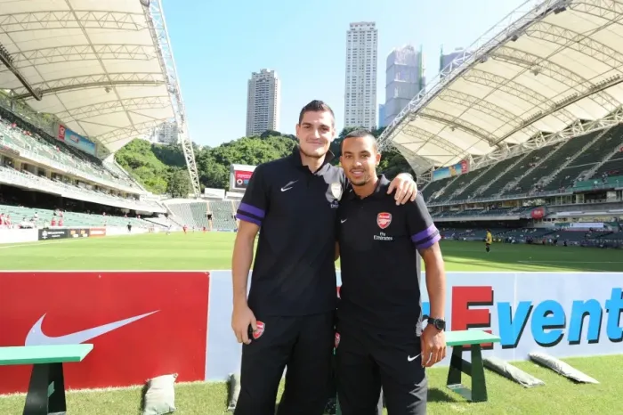 Framed Print : Arsenal FC Players Vito Mannone and Theo Walcott Before Kitchee FC Match, 2012 Framed Print : Arsenal FC Players Vito Mannone and Theo Walcott Before Kitchee FC Match, 2012