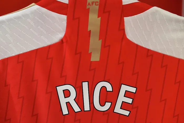 Framed Print : Arsenal FC: Pre-Match Focus - Declan Rice's Shirt in the Arsenal Dressing Room (2023-24)