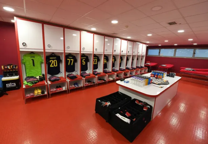 Framed Print : Arsenal FC: Pre-Match Huddle in Olympiacos Stadium's Changing Room - UEFA Europa League 2019-2020