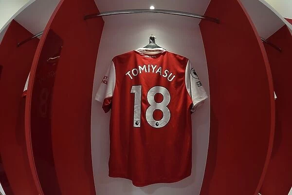 Arsenal FC: Pre-Match Room - Tomiyasu's Shirt Hang in Emirates Stadium (Arsenal v AFC Bournemouth, 2022-23)