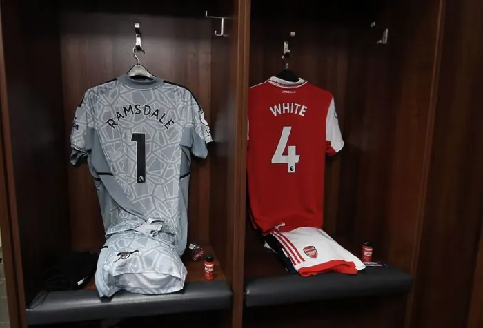 Framed Print : Arsenal FC: Pre-Match Routine - Aaron Ramsdale and Ben White's Gear Ready (Leicester City vs Arsenal, Premier League 2022-23)