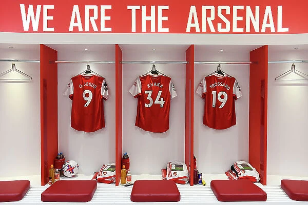 Arsenal FC: Pre-Match Shirts of Jesus, Xhaka, and Trossard in the Changing Room (Arsenal v Chelsea, 2022-23)