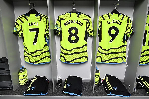 Arsenal FC: Pre-Match Shirts of Saka, Odegaard, and Jesus in Luton Town Dressing Room (Luton Town vs Arsenal 2023-24)