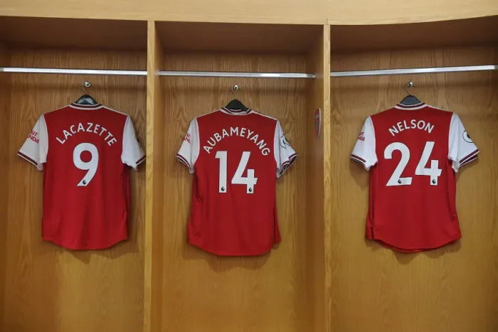 Framed Print : Arsenal FC: Pre-Match Uniforms of Lacazette, Aubameyang, and Nelson vs Chelsea FC (Arsenal v Chelsea 2019-20)