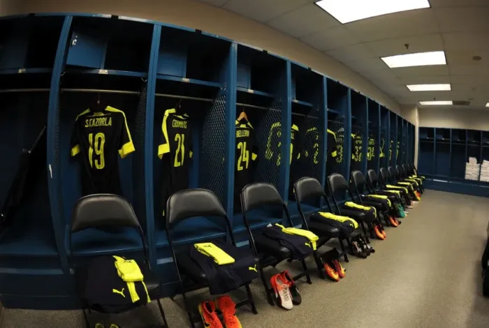 Framed Print : Arsenal FC: Pre-Season Nerve Center - Arsenal Changing Room before Arsenal vs. CD Guadalajara Match
