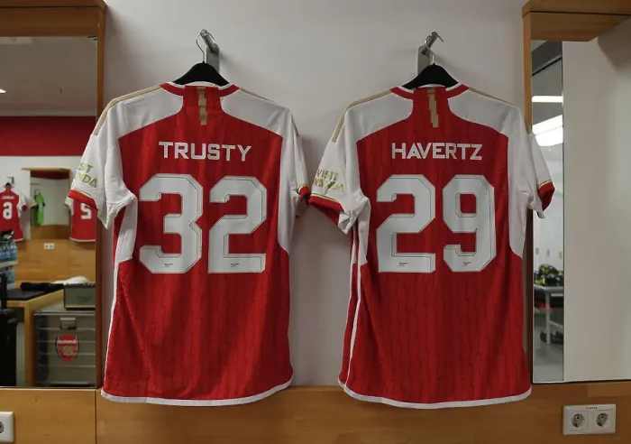 Framed Print : Arsenal FC: Pre-Season Preparation - Auston Trusty and Kai Havertz's Shirts in Arsenal Changing Room (Nuremberg, 2023)