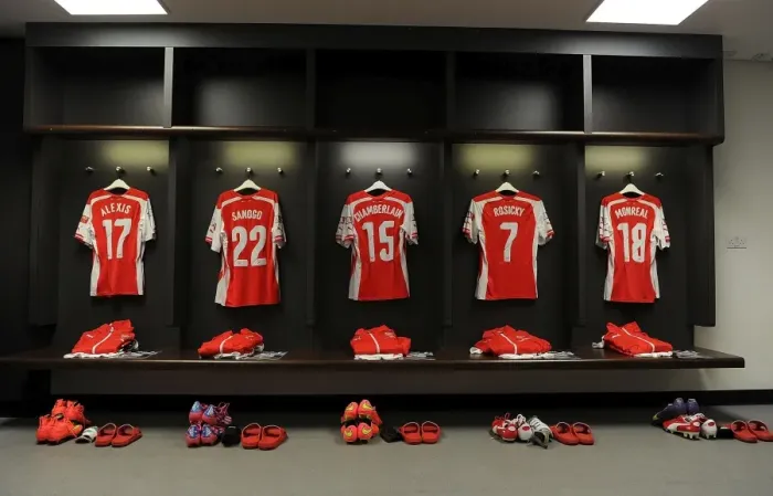 Framed Print : Arsenal FC: Readying for Battle in the FA Community Shield - A Peek into the Team's Changing Room (2014 / 15)
