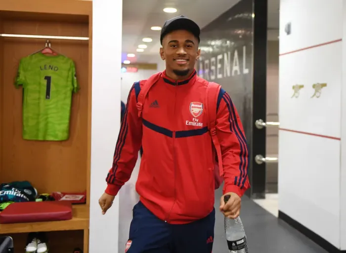 Framed Print : Arsenal FC: Reiss Nelson in the Changing Room before Arsenal v Southampton (2019-20)