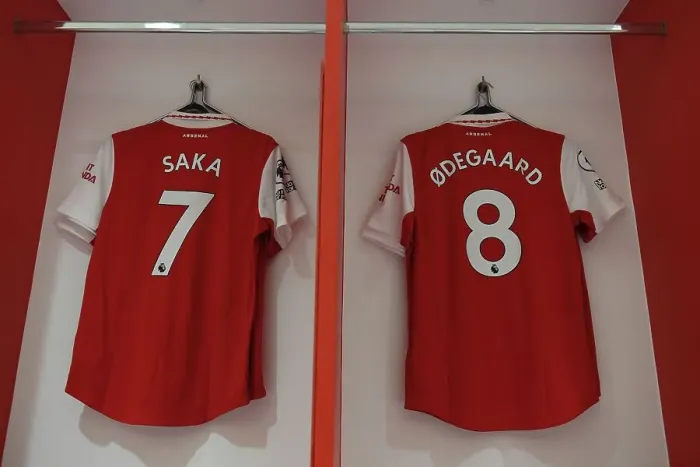Framed Print : Arsenal FC: Saka and Odegaard Gear Up in Emirates Changing Room Ahead of Arsenal v Brentford Match (2022-23)