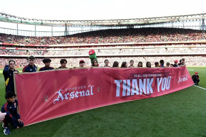 Framed Print : Arsenal FC Supporters Celebrate Season's End with Banner Tribute vs. Wolverhampton Wanderers
