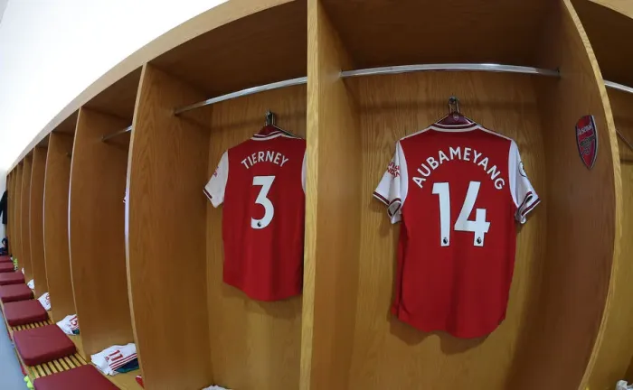 Framed Print : Arsenal FC: Tierney and Aubameyang's Match-Worn Shirts in the Changing Room (Arsenal v AFC Bournemouth, 2019-20) Framed Print : Arsenal FC: Tierney and Aubameyang's Match-Worn Shirts in the Changing Room (Arsenal v AFC Bournemouth, 2019-20)