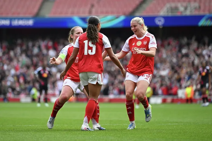 Framed Print : Arsenal FC v OL Lyonnes - UEFA Women's Champions League 2025 / 26 Semi-Final First Leg Arsenal FC v OL Lyonnes - UEFA Women's Champions League 2025 / 26 Semi-Final First Leg