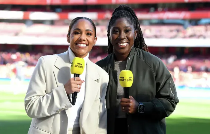 Framed Print : Arsenal FC vs Aston Villa: Barclays Women's Super League - Alex Scott and Anita Asante Pre-Match Photo (2023-24) Framed Print : Arsenal FC vs Aston Villa: Barclays Women's Super League - Alex Scott and Anita Asante Pre-Match Photo (2023-24)