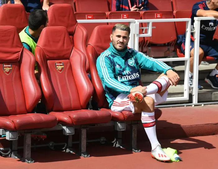 Framed Print : Arsenal FC vs Burnley FC: 2019-20 Premier League - Sead Kolasinac on the Bench at Emirates Stadium