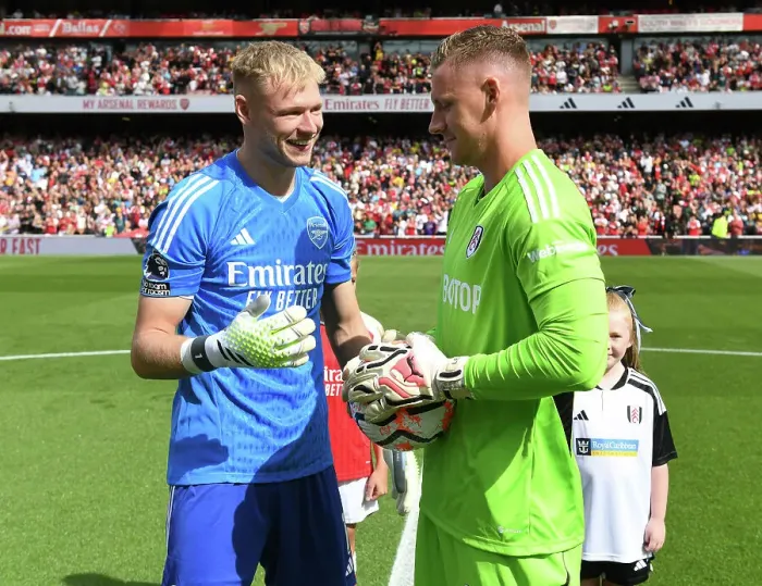 Framed Print : Arsenal FC vs. Fulham FC: Goalkeepers Ramsdale and Leno Face Off in the 2023-24 Premier League
