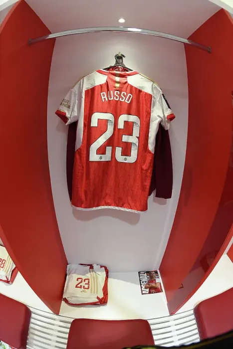 Framed Print : Arsenal FC vs Liverpool FC: Pre-Match Focus - Arsenal Dressing Room, 2023: Alessia Russo's Shirt on Display Framed Print : Arsenal FC vs Liverpool FC: Pre-Match Focus - Arsenal Dressing Room, 2023: Alessia Russo's Shirt on Display